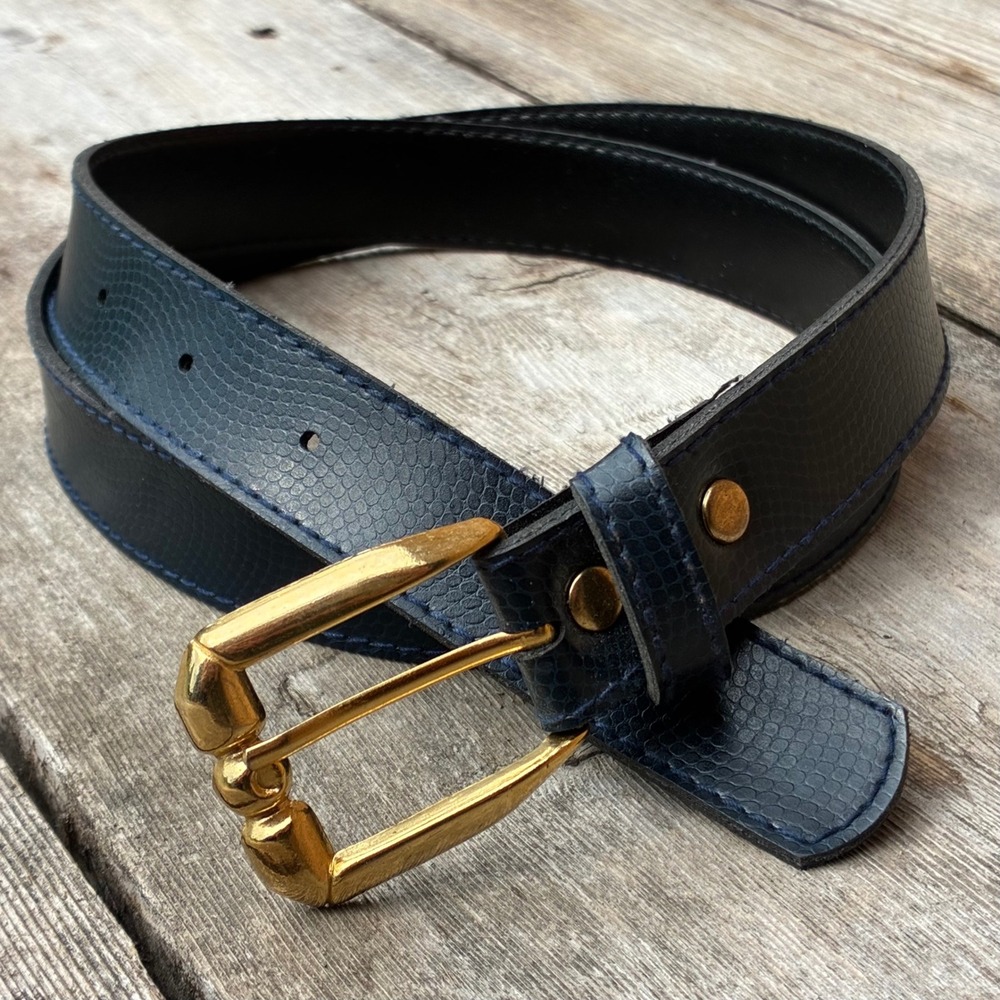 Vintage Navy Blue Lizard Textured Leather Belt Gold Buckle 1" Wide Sz 36